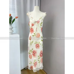 French sweet romantic ruffles V-neck printed silk sleeveless slim resort style dress female