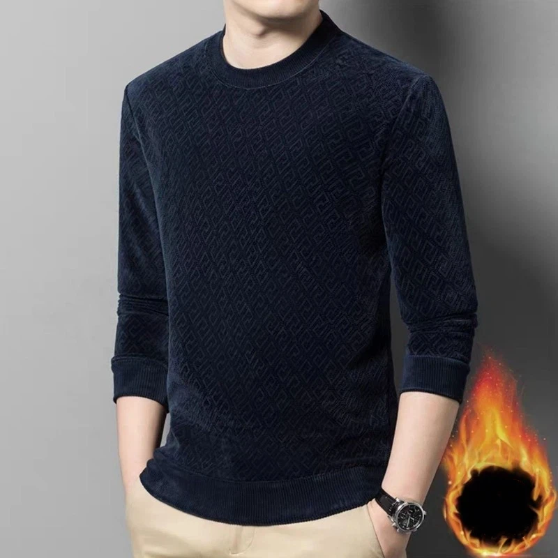 

Плюшевый жаккардовый теплый свитер с круглым вырезом, мужской зимний утолщенный свитер