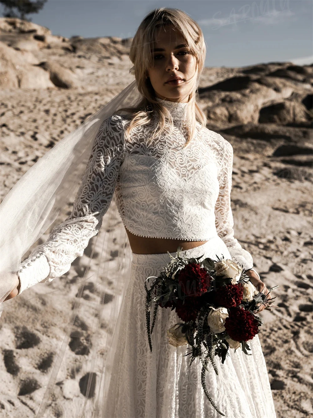 Vestidos de novia de cuello alto, vestido de novia para mujer con manga larga, bata estilo playa, vestido de novia moderno de dos piezas, encaje de cuerpo completo