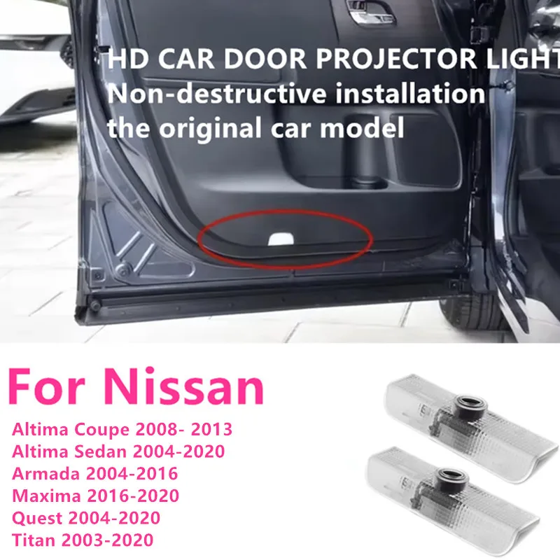 

2 шт. светодиодных проекторов логотипа для дверей автомобиля, лазерные проекционные лампы-подсветка для Nissan Altima, Armada, Maxima, Titan, Quest
