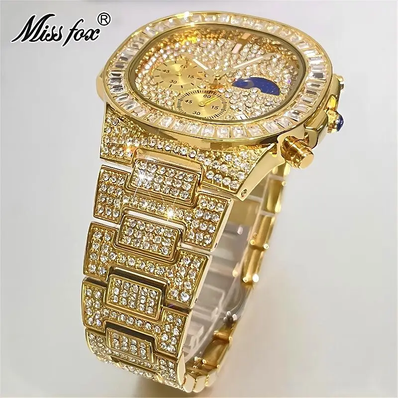 Missfox Luxe Gouden Horloges Mannen Mode Ijskoud Quartz Polshorloges Hiphop Vierkant Diamant Maan Fase Klokken Reloj Dropshipping