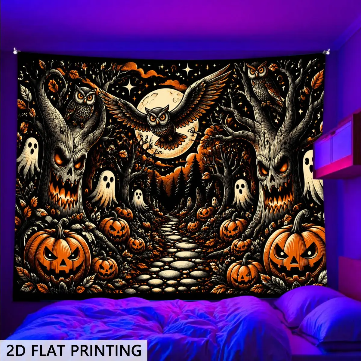 2D Flat   Halloween Tapestry Non 3D Print Haunted Forest Pumpkins And Ghosts Wall Hanging Vintage Gothic Home Decor For L
