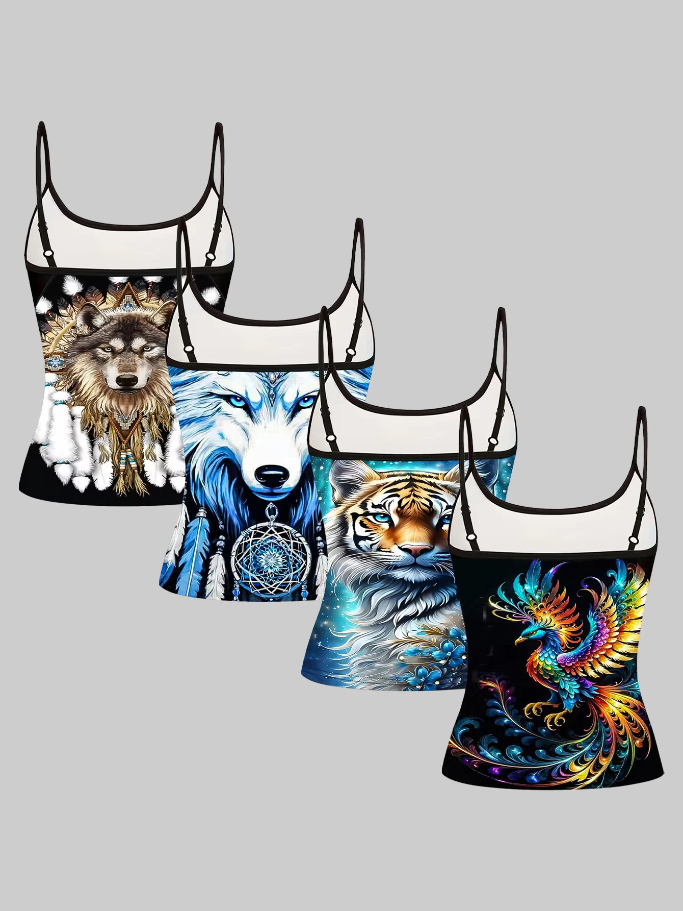 Women's 4-Piece Printed Camisole Set with Dreamcatcher, Wolf, White Tiger, and Phoenix Patterns, Slim Fit, Sleeveless Outerwear