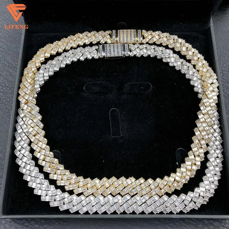 15MM Iced Out Miami Cuban Chain Necklace Baguette Diamonds VVS Moissanite 925 Sterling Silver Hiphop Men Cuban Link Chain