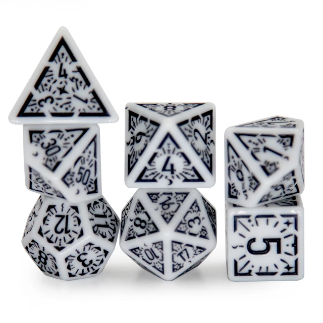 7Pcs White Black Pattern Acrylic Complete Polyhedral Dice Kit For Tabletop Role Playing Game