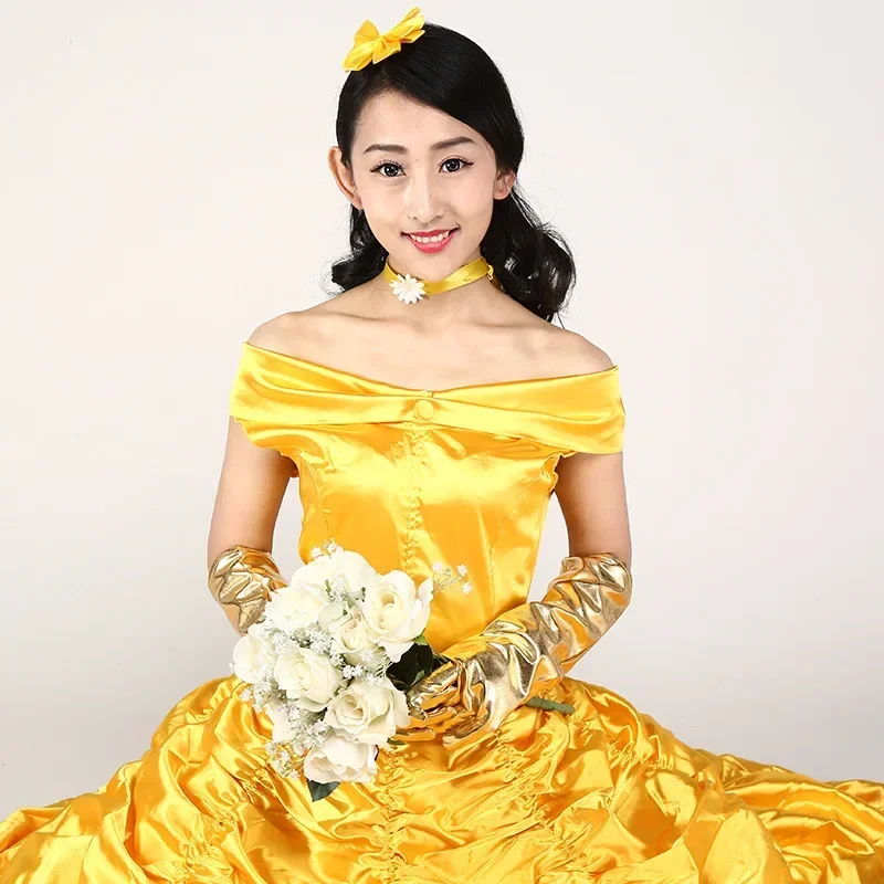 Nuevos adultos Cosplay Navidad mujer princesa bola La Bella y La Bestia disfraz de Bella para niños vestido amarillo elegante W MN3