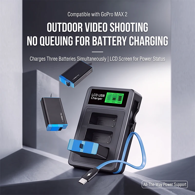 3-Bay USB Triple Battery Charger for GoPro MAX2 LCD Display Charging Station Power Bank Wall Charging Compatible with GOPRO MAX2 - view 3