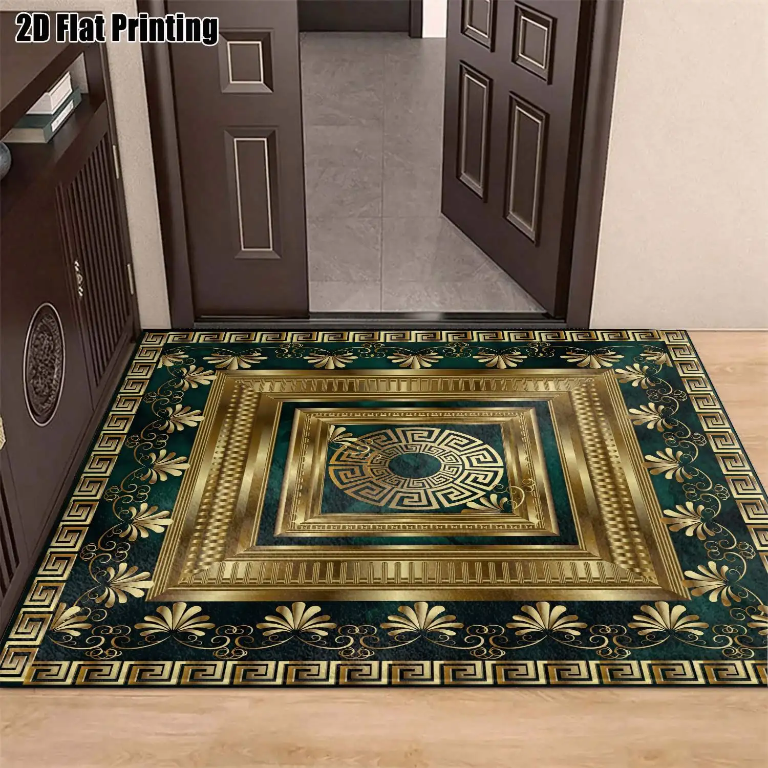 1Pc 2D Printed Carpet: Deep Green & Gold Geometric Pattern, European Retro Style, Luxurious Carved Design Multi-Size, Machine Washable, Ideal for Home Decor Rooms Including Living Room, Bedroom, Dining Room, Entryway, Study.