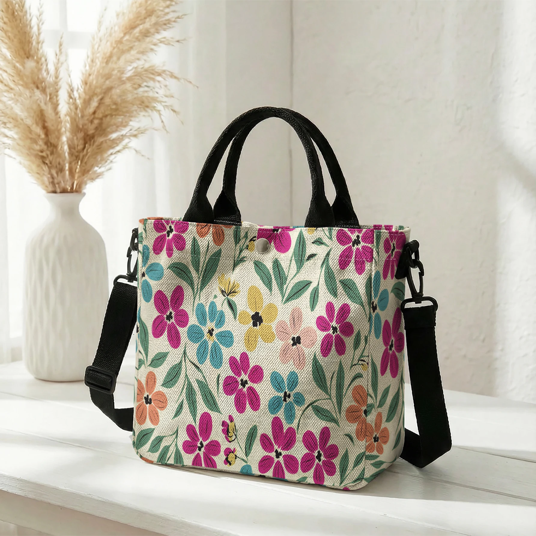 Colorful Bright Floral Print Tote Bag Large Capacity Shoulder Bag For Shopping Travel Daily Use