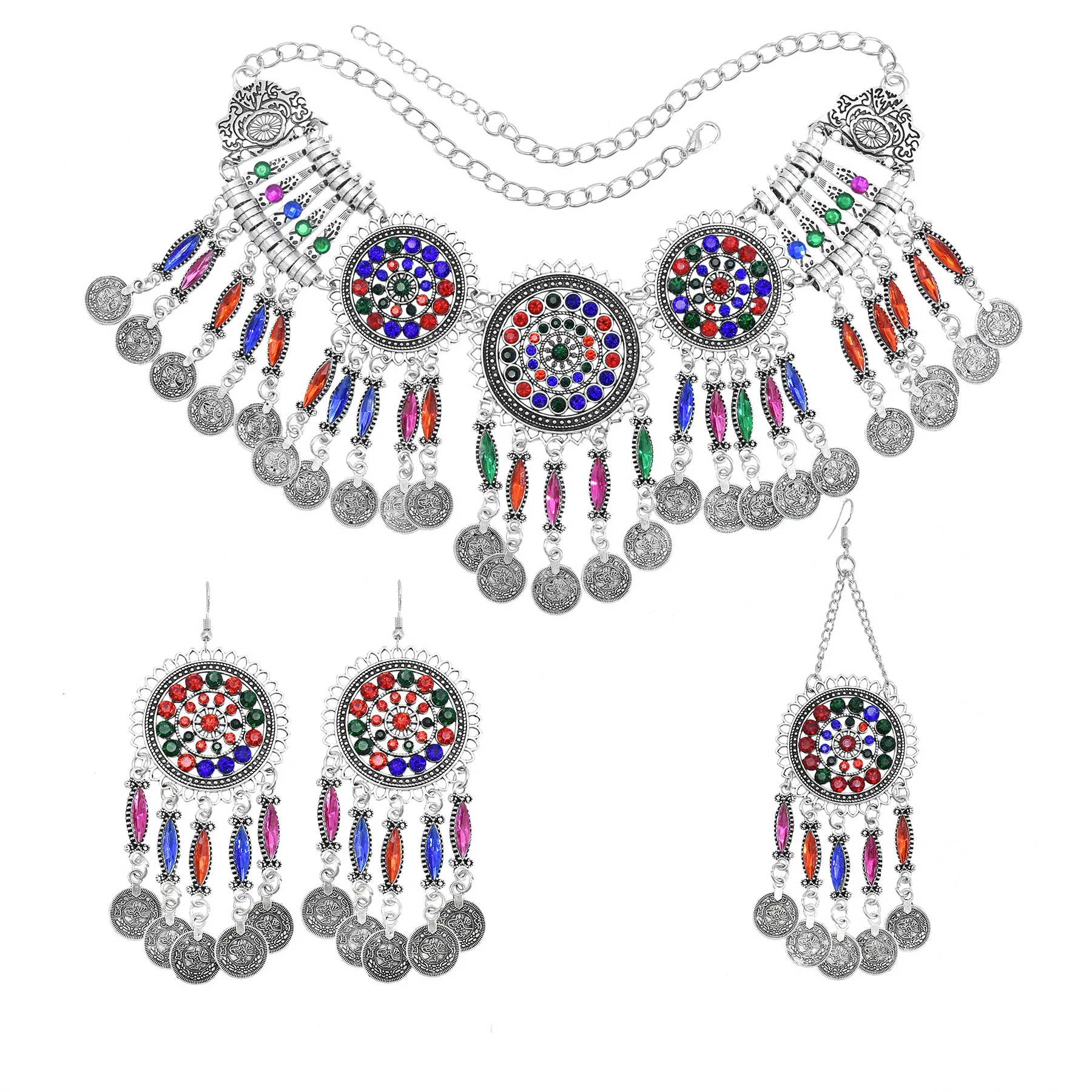 Colorful Crystal Bead Coin Ethnic Choker Necklace Drop Earrings Set For Women Retro Gypsy Afghan Traditional Dress Jewelry Sets