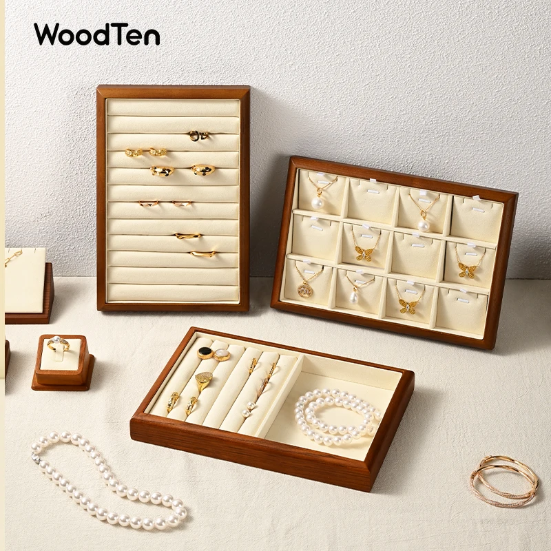 WoodTen Jewelry Organizer Box Multifunctional Ring Necklace Bracelet Earrings Wooden Jewelry Storage Tray Jewelry Display Props