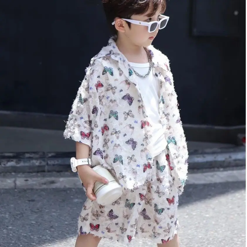 

2 PCS set Summer Boys Girls Clothing Set Butterfly Shirt+Shorts Kids Children Baby toddler Handsome Comfort clothes 2-9 years