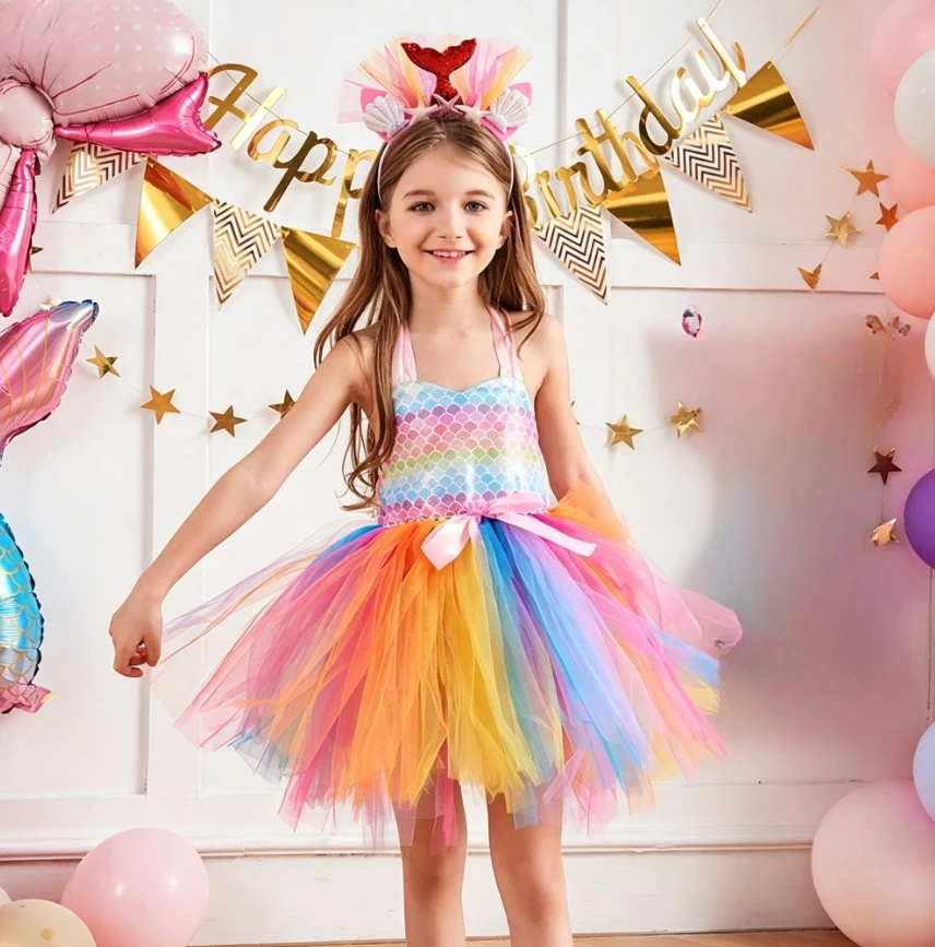 Children Mermaid Rainbow Color Sequin Princess Summer Ocean Theme Tutu Dress With Fashion Shell Outfit For Holiday Sea Party Set