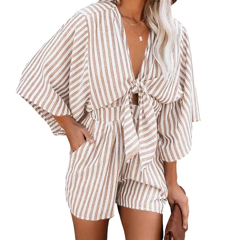 

Summer New Women's V-ne Seven-quarter Sve Wide-leg Pants Knot Tie-one-piece Jumpsuit Low-waist ort-length Other Fabric