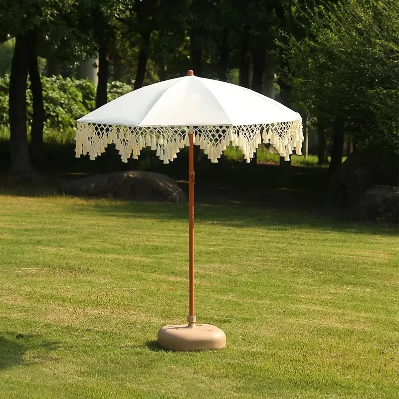Modern Beach Umbrella With German Beech Handle Tassel Trim 190T Artificial Woven Canopy 8K Ribs For Homestay Decor