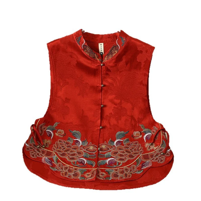 New Chinese Style Women Coat Satin Embroidery Vest Jacquard Elegant Jacket Amndarin Collar Clothes Vintage Button Blouse