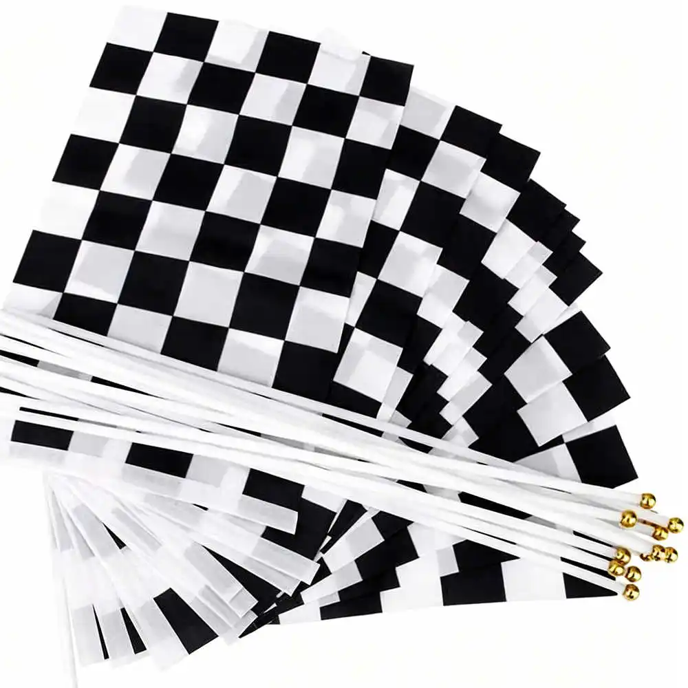 10 Pack Checkered Racing Flags 14x21CM With Mini Stick Plastic Pole Black White Handheld Flag For Auto Sport Car Game Decoration
