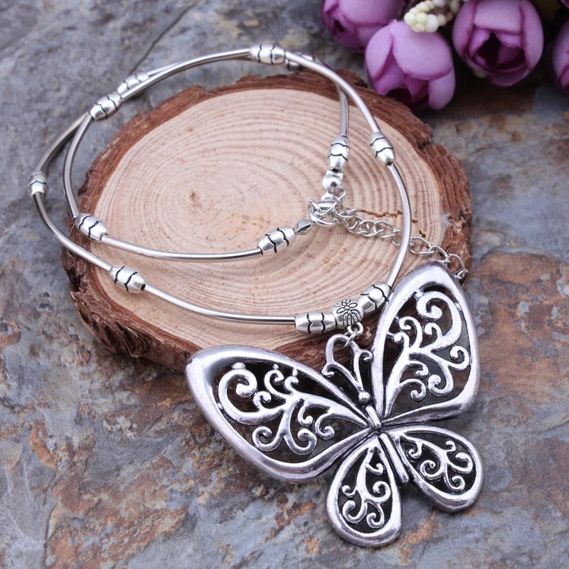 Aihua Böhmische ethnische Statement-Schmetterlings-Halsketten für Frauen, tibetische Silber-Metall-Anhänger, Halsketten, Bijoux, Festival-Schmuck – Detail 2