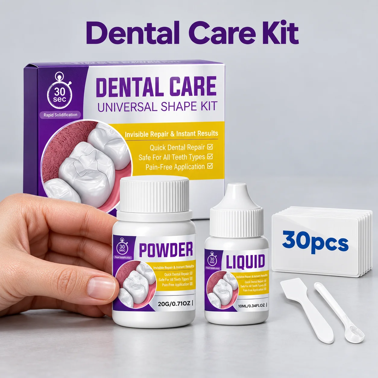 Tooth Repair Powder And Liquid Kit With Mixing Accessories And Sheets A Boxed Dental Set Containing 20g Powder And 10ml Liquid