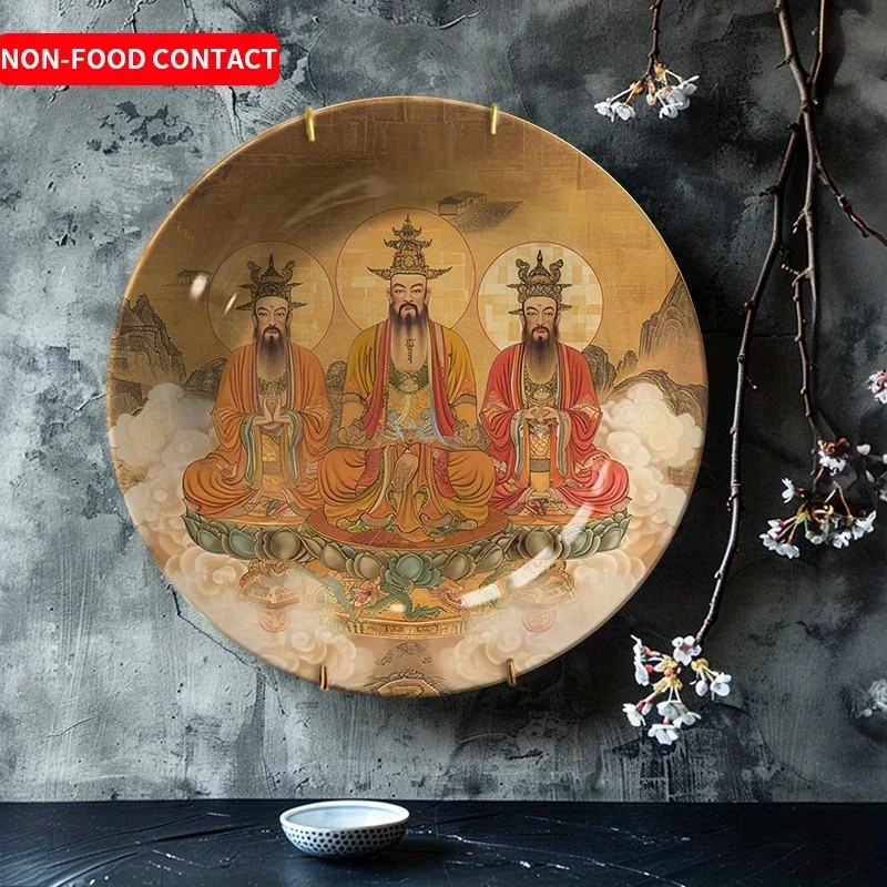 2D Flat, 1pc Sancai Asian Decorative Plate - Traditional Chinese Philosophy Art, Hand-Painted Ceramic Wall Hanging with Three