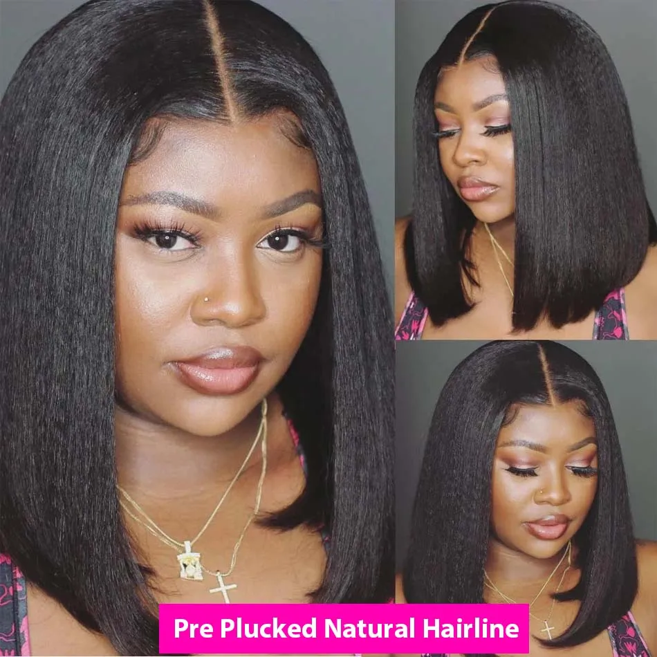 14インチボブウィッグ人毛縮れストレート13x4レースフロントウィッグナチュラルブラック透明レースフロントウィッグ女性用200密度