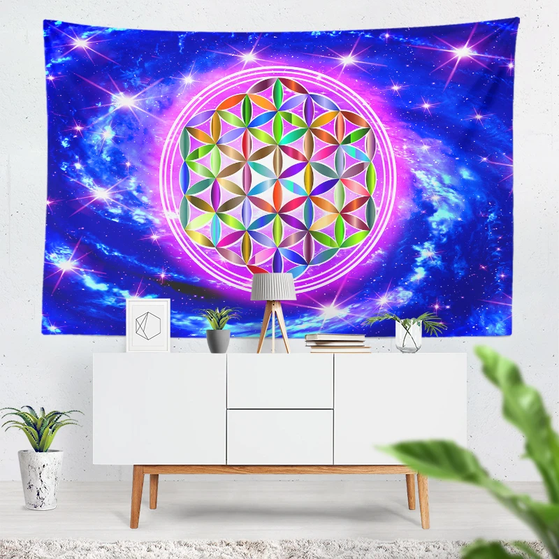 Psychedelic Galaxy Tapestry Flower Of Life Wall Hanging Crystal Healing Altar Cloth Pagan Spiritual Energy Home Art Decoration