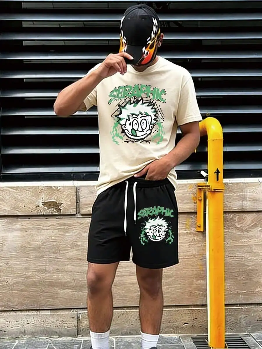 

Mens Y2K Street Style Cartoon Print Two-Piece Short Set Casual Sporty Outfit
