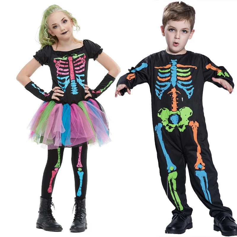 

Girl Rainbow Skeleton Dress Colorful Skull Boy Halloween Costume Toddler Funky Punky Bone Cosplay Outfit Carnival Fancy Clothing