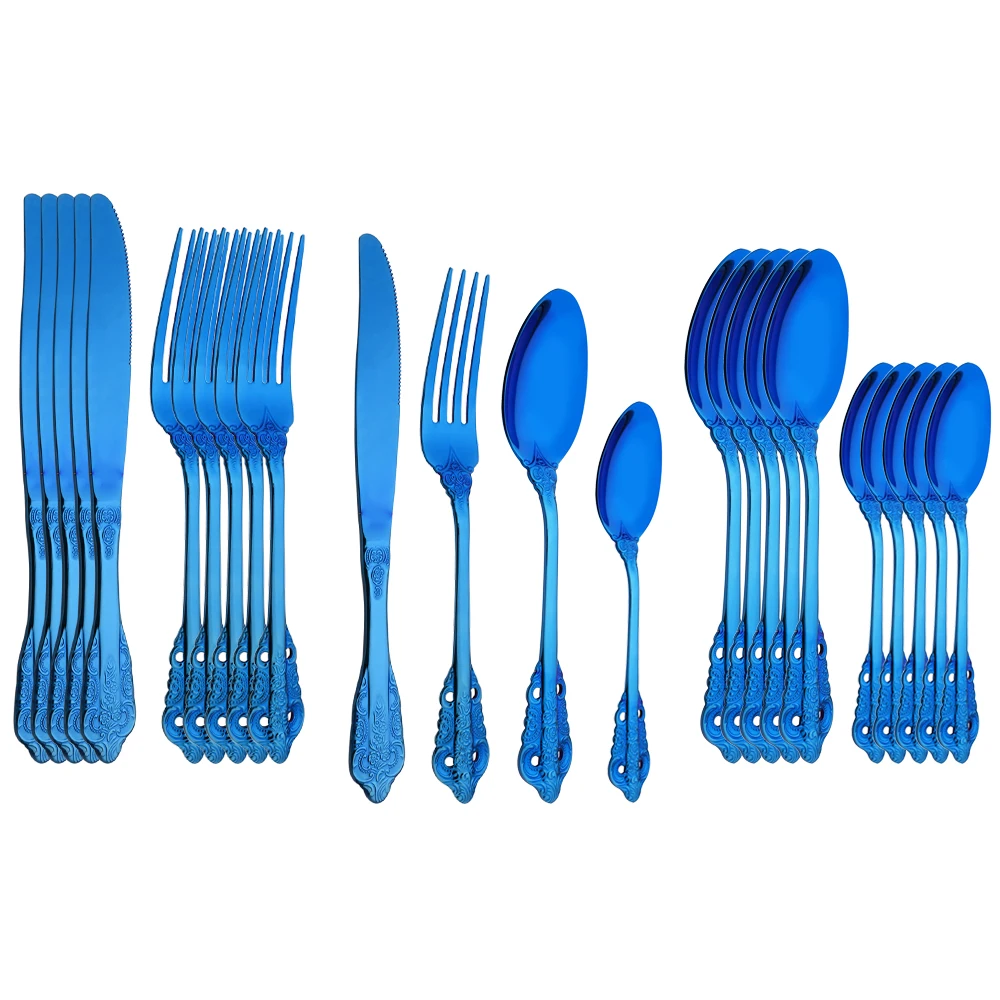 

24Pcs Vintage Western Blue Plated Dinnerware Cutlery Gold Dining Knife Fork Teaspoon Set Golden Luxury Engraving Tableware Set