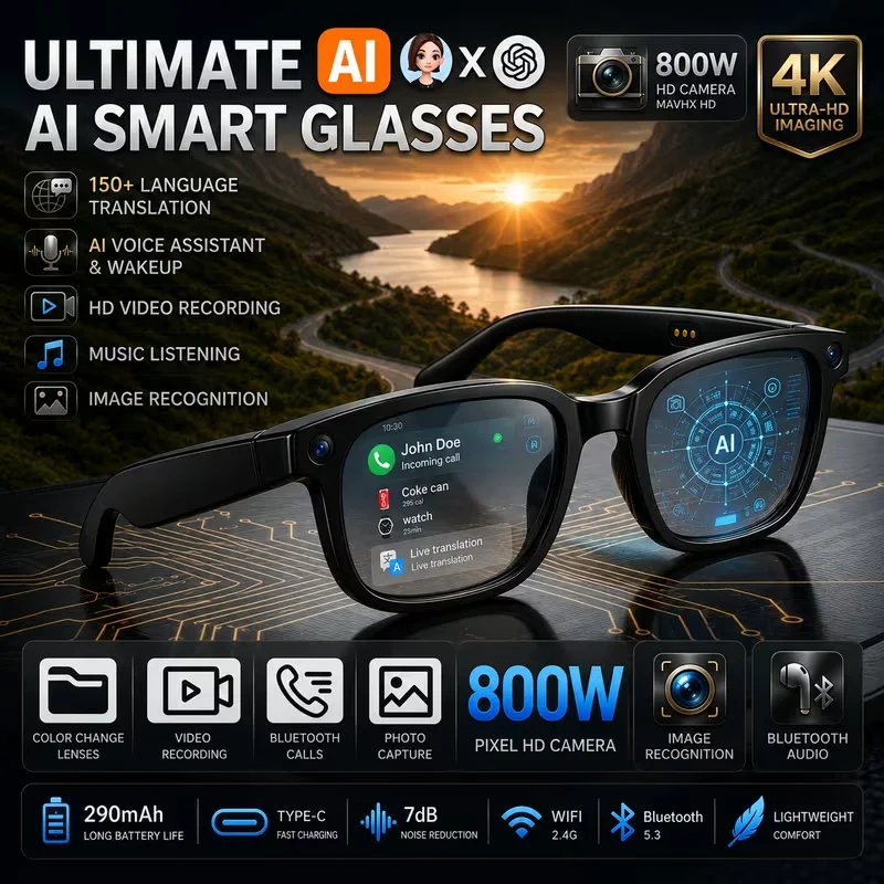 2026 AI Smart Glasses Camera 8MP HD Video Recording Glasses with Audio, Real-Time Translation Wearable Glasses  Men Women