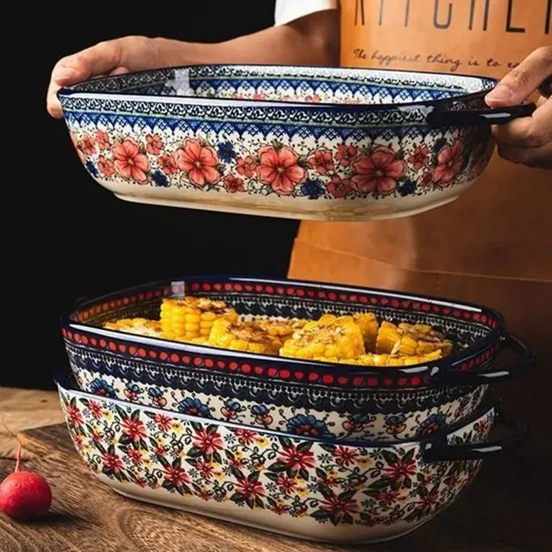 Polish style ceramic baking tray tableware oven microwave oven large bowl salad fruit cake rectangular plate party decoration