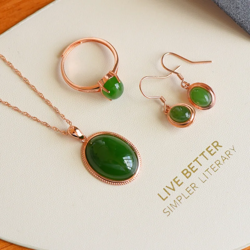 

Женские серьги-кольца с подвеской из натурального нефрита Хэтянь и яшмы, серебро S925, розовое золото, комплект из трех предметов