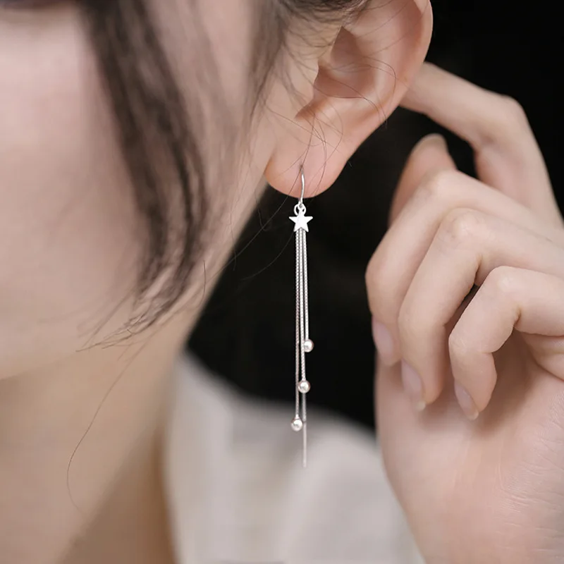 Summer New 925 Sterling Silver Star Earrings Long Tassel Round Bead Earrings Women\'s Fashion Jewelry Party Gift