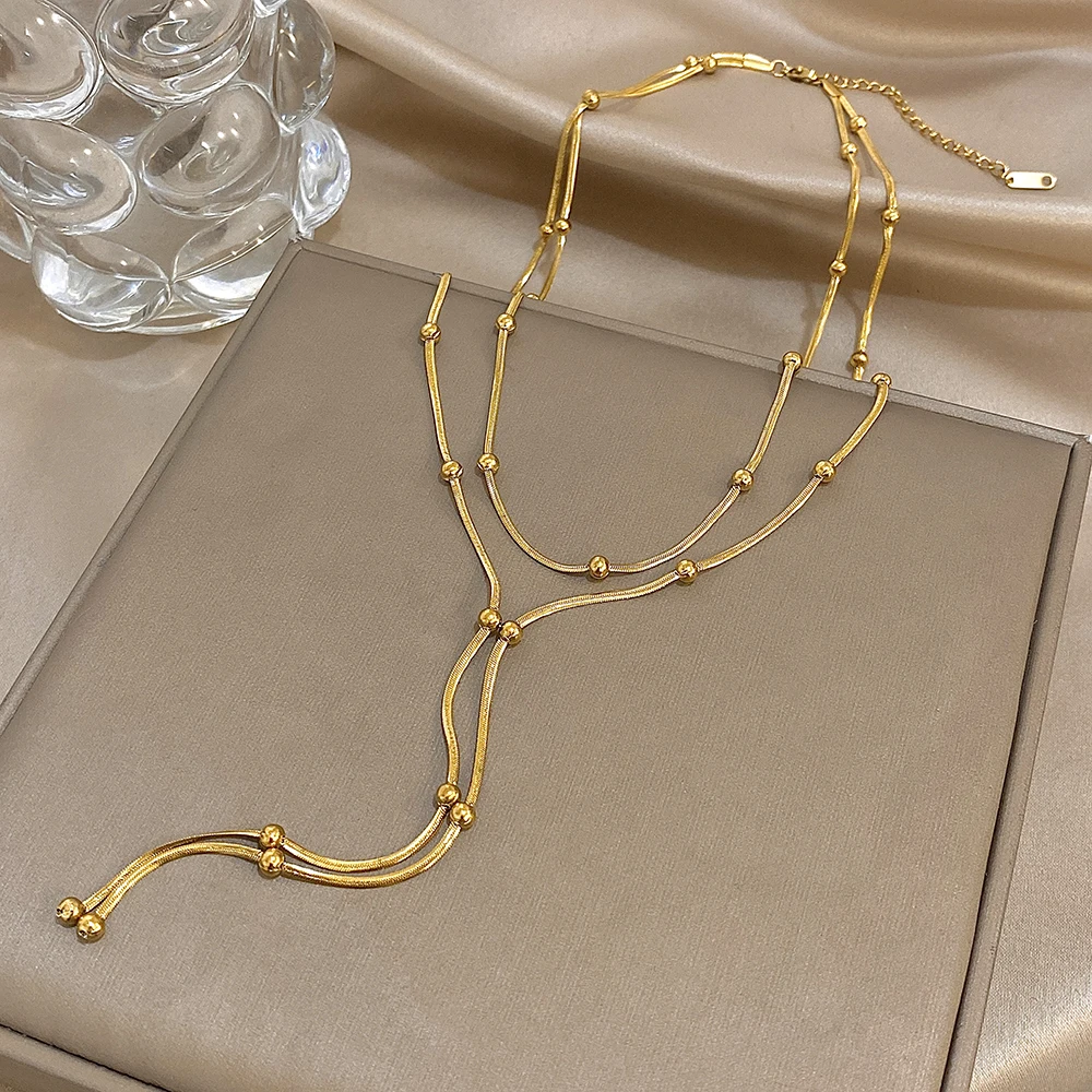 Fashion Beaded Stainless Steel Necklace for Women Minimalist Gold Color Double Layer Long Pendant Necklaces Party Jewelry view 2