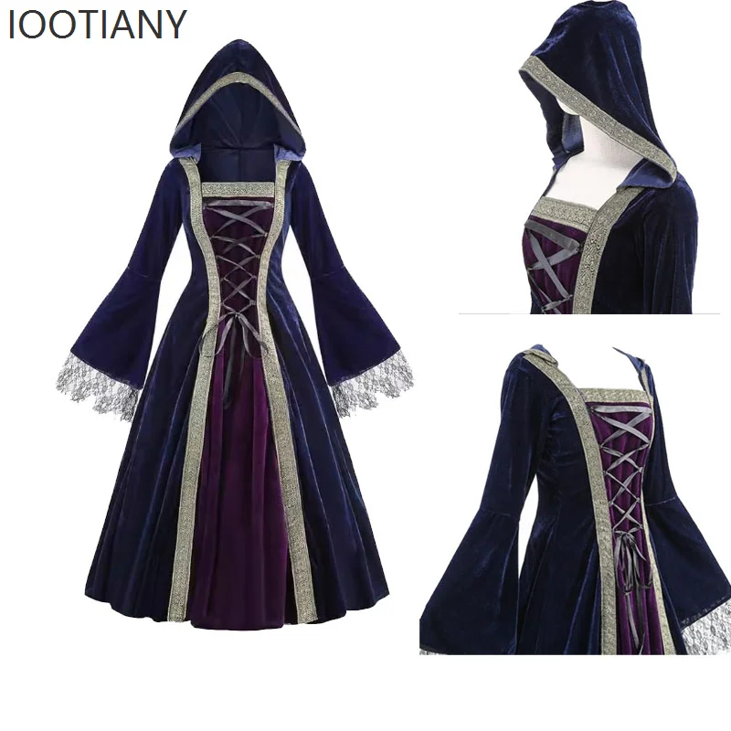 

IOOTIANY Women's Medieval Celtic Princess Hooded Cosplay Dress Adult Witch Halloween Costume Vintage Renaissance Party Clothing