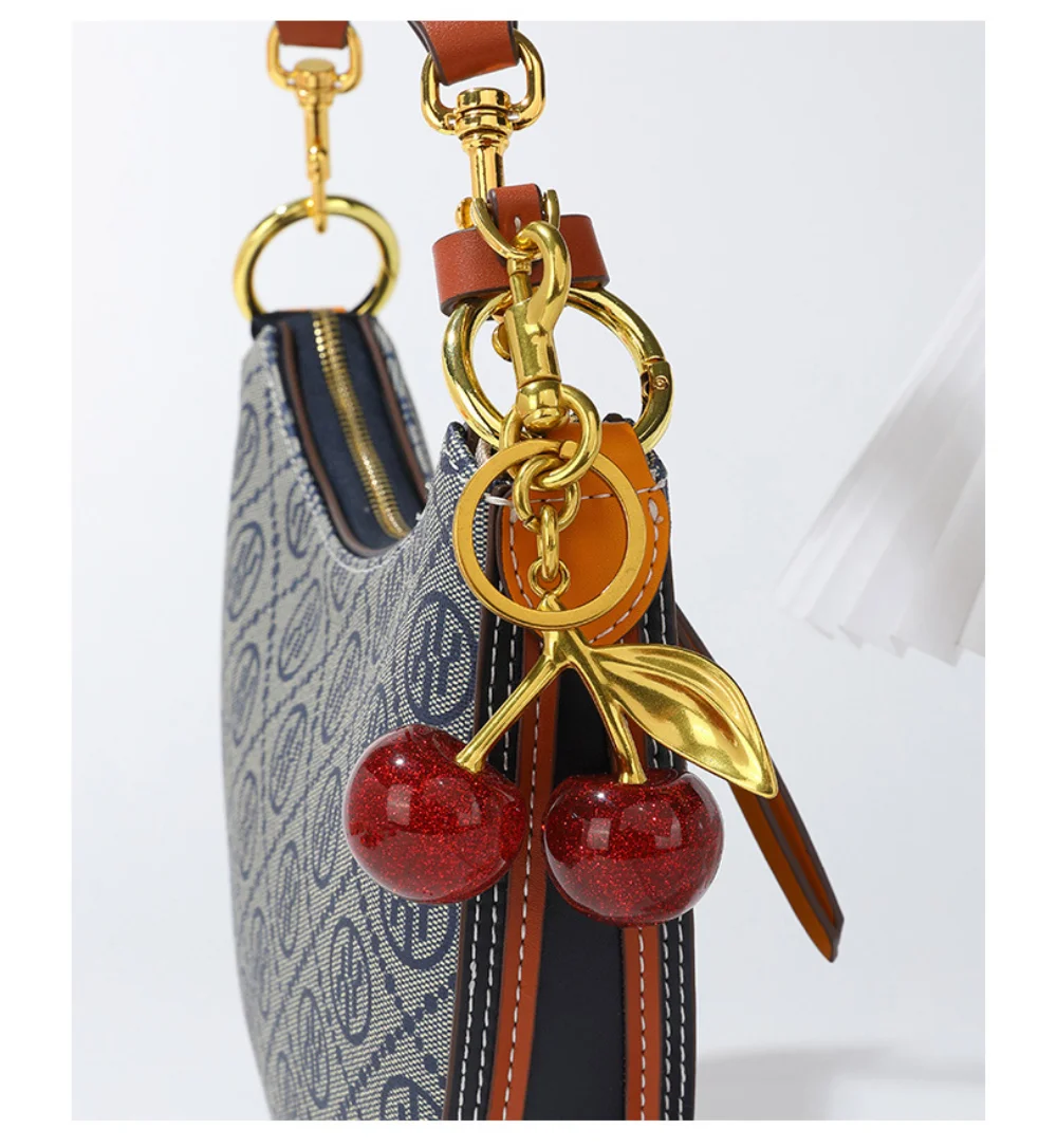 Glitter Red Cherry Bag Charm Keychain Gold Metal Carabiner Cute Fruit Pendant Handbag Accessory Gift for Women