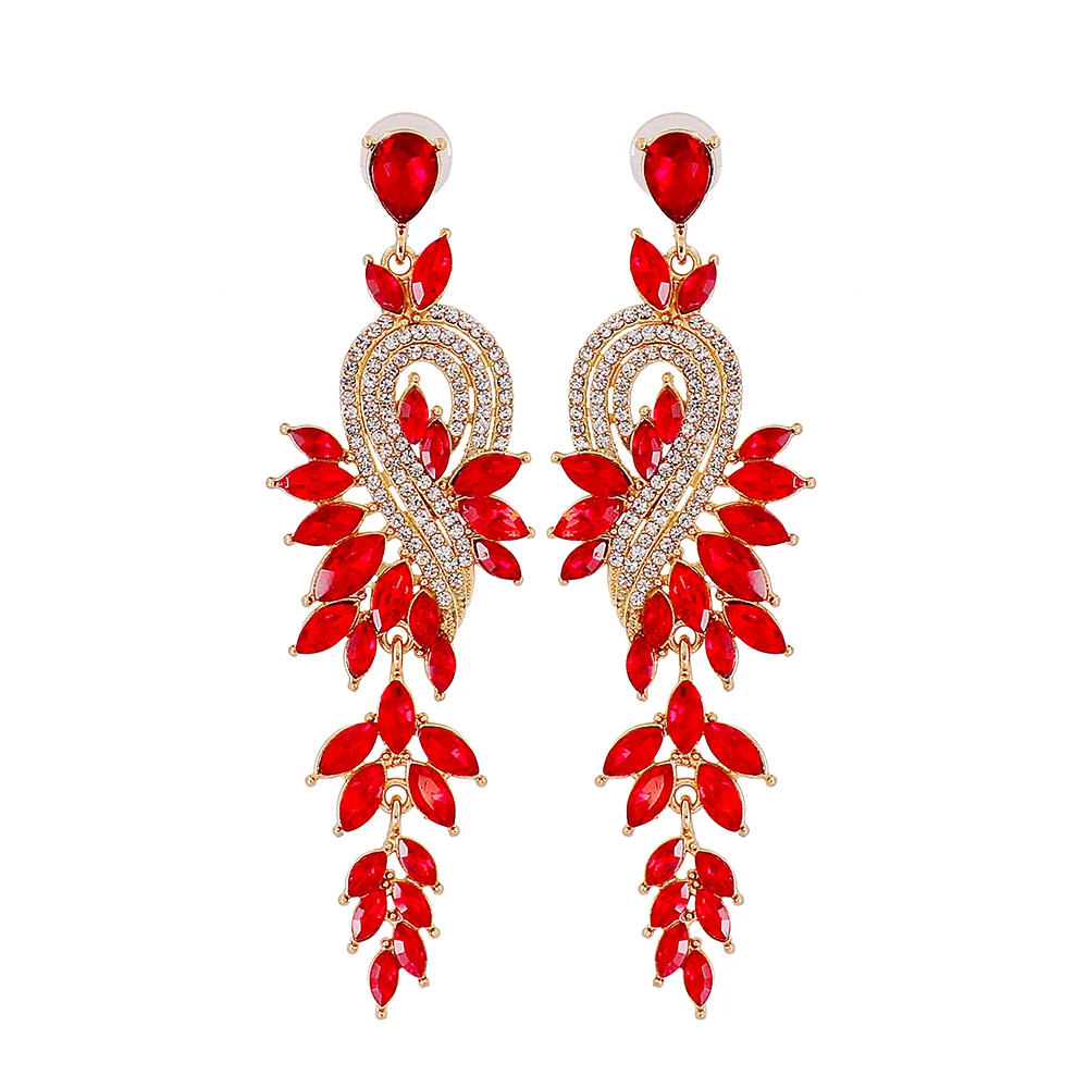 Wholesale Red Crystal Series Long Dangle Earrings for Women High-quality Rhinestone Pendant Luxury Wedding Jewelry Accessories