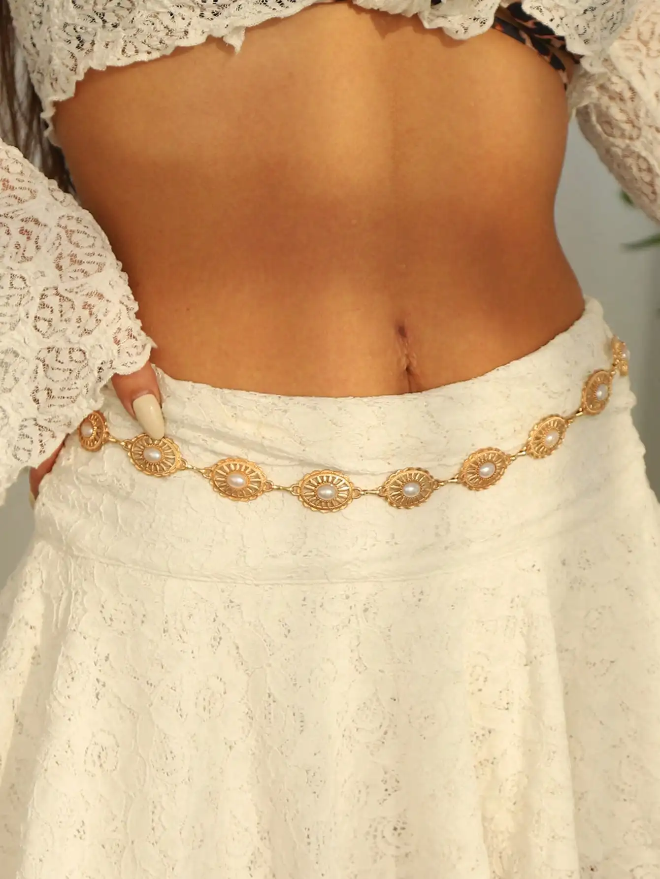 

Gold-Tone Pearl Embellished Waist Chain for Women, Boho Chic Hip Belt Decoration
