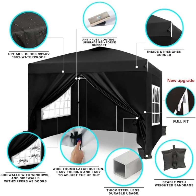 Pop-up Gazebo Instant Portable Canopy Tent 10'x10', with 4 Sidewalls, Windows, Wheeled Bag, for Patio/Outdoor