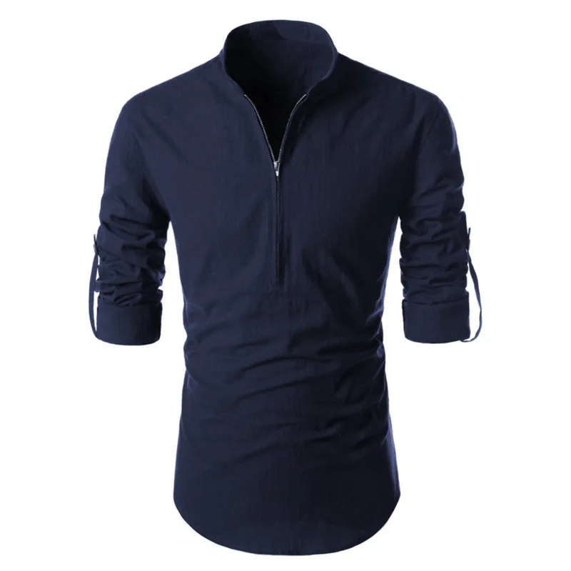 

2024 New Men's Slim Fit Long Sleeved Pullover Zippered Solid Color Long Sleeved Shirt for Foreign Trade