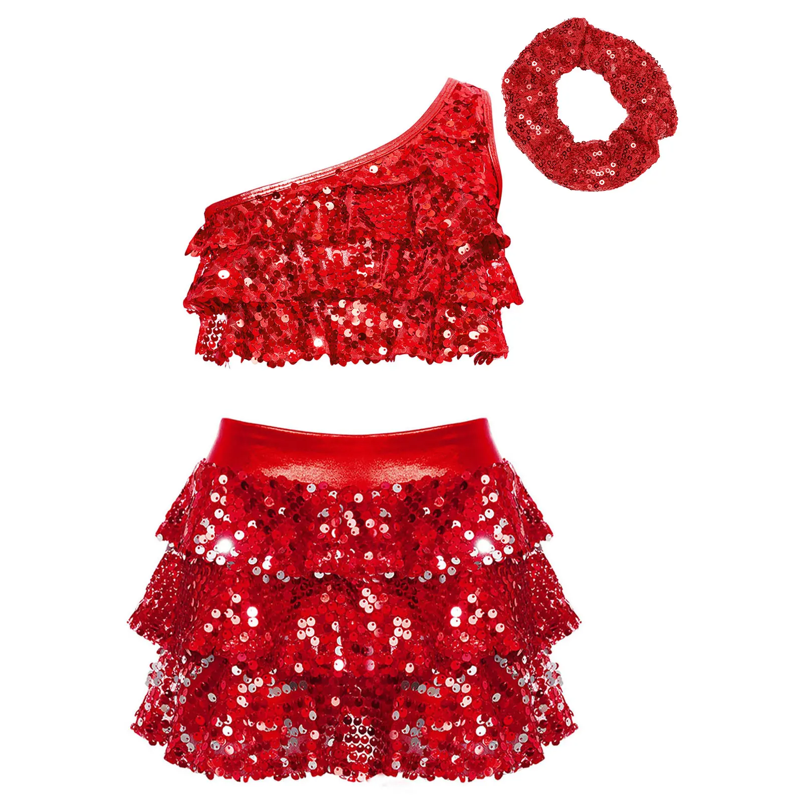 Kids Girls Shiny Sequins Latin Jazz Dance Costume Party Outfit Stage Performance Two Pieces Dancewear Children Clothes Sets