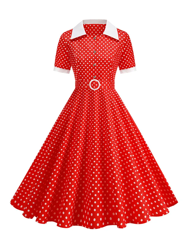 Vintage Women's Summer Dress Polka Dot Peter Pan Collar Sweet Short Sleeve A-Line for Diner & Party - view 3