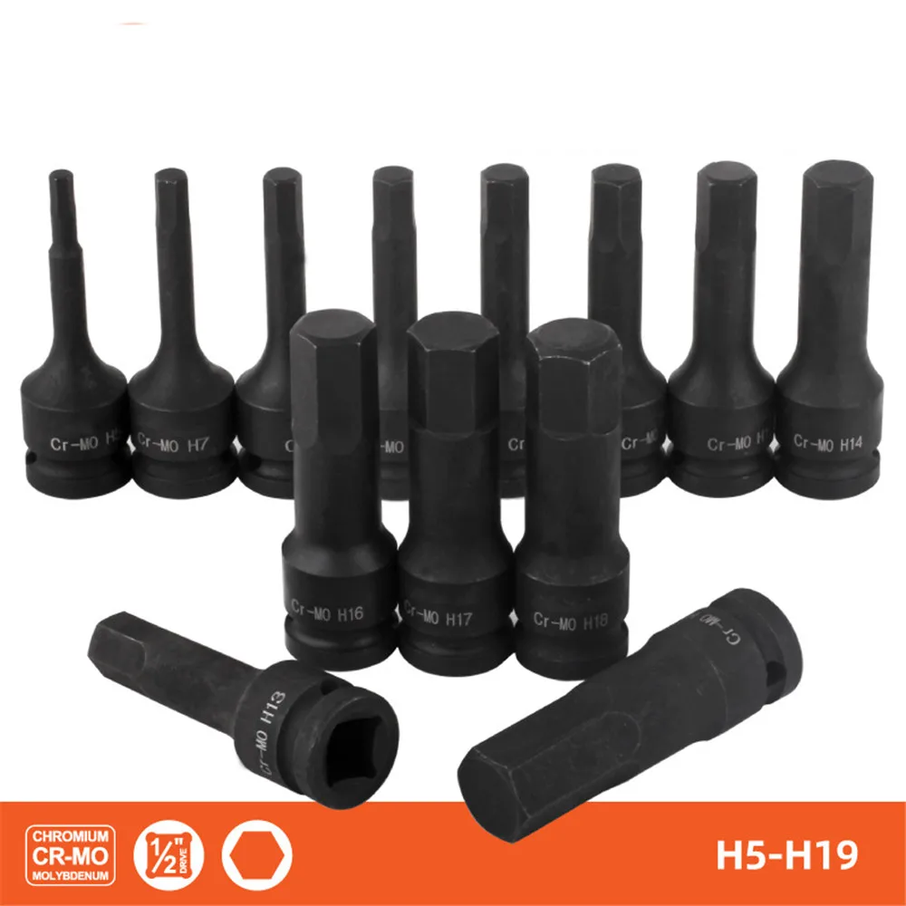 F50 Hexagonal Drive Bits Kit 1/2” Cr-V Steel Pneumatic Wrench Hex Socket Driver ToolKit Tools Set Metric Power Nuts Driver