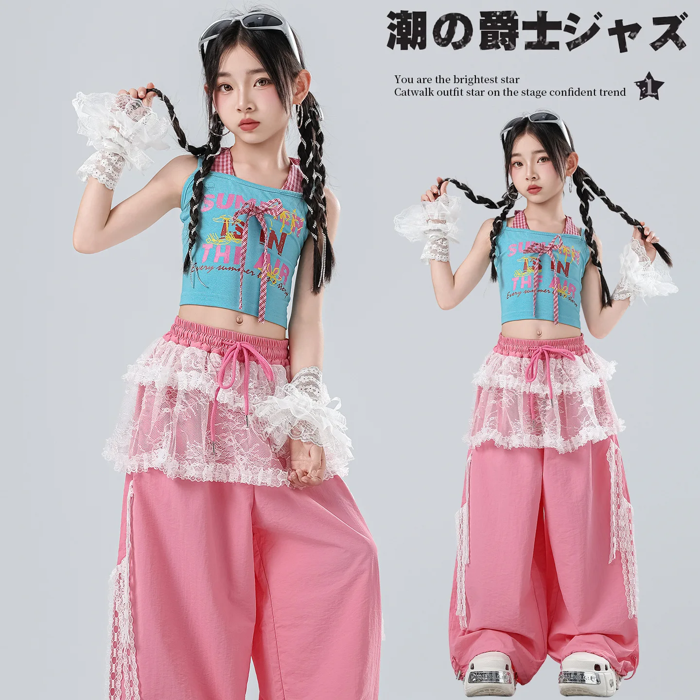 Girls K-pop Sweet Bow Crop Tops Vest Hip Hop Clothes Sets Kids Jazz Lace Joggers Pants Children Streetwear Street Dance Costume