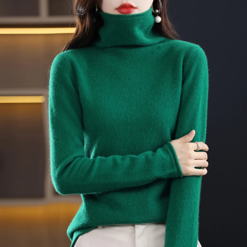 

Women's New High Collar PureWool Sweater Autumn Winter Pile Collar Fashion Loose Solid Color Long Sleeve Knitted Warm Sweater