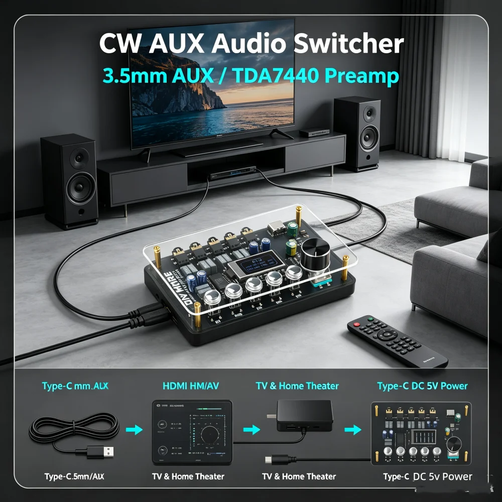 Dc 5v Aux 3.5mm Audio Switcher Module Volume Adjust 4-in 1-out Channel Audio Type C Port Dm-TB4C02 Aux For Speakers Mp3 Tv Dvd