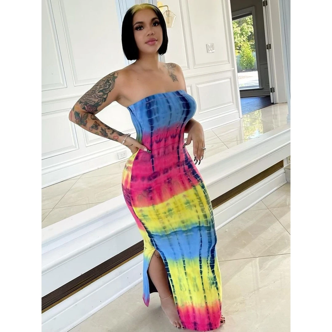 Seksowna sukienka damska z nadrukiem tie-dye, długa, jesienno-zimowa, modna, codzienna, z średnim stanem, długa spódnica bez rękawów.