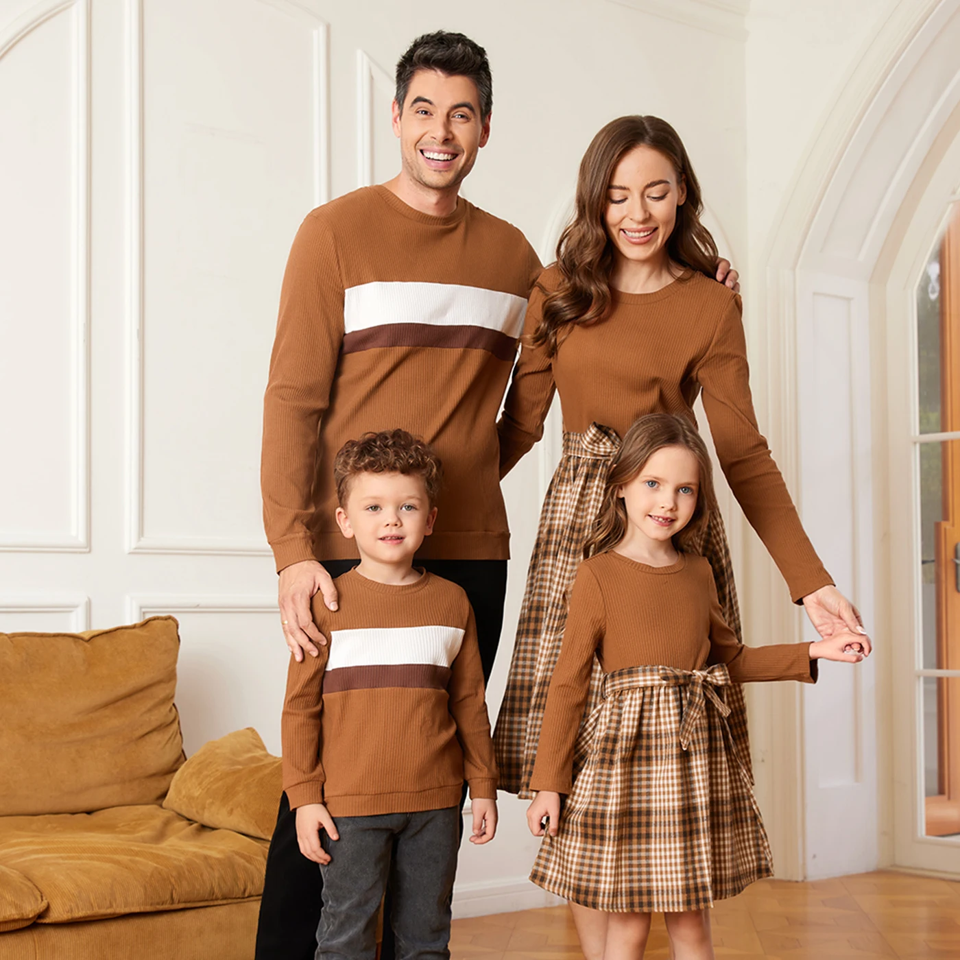 PatPat Family Matching Outfits Winter Coffee Ribbed Spliced Plaid Belted Dresses and Long-sleeve Colorblock Tops Clothes Set