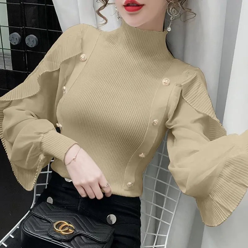 Ruffles Patchwork Pleated Slim Sweaters Spring Autumn New Long Sleeve Solid Vintage Pullovers Tops Fashion Y2K Women Clothing