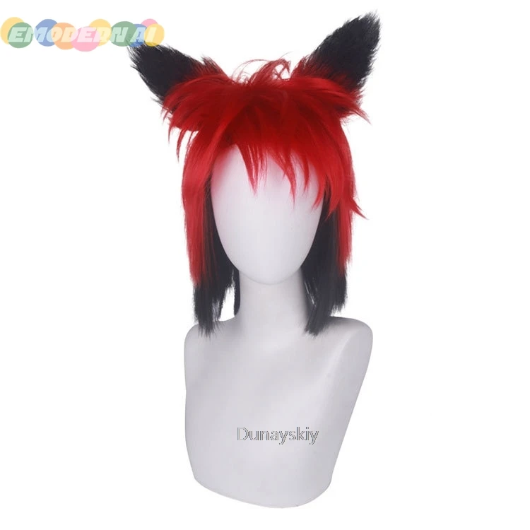 Hazzbin cos hotel alastor cosplay perücke rot schwarz kurzes haar für frauen hitze beständiges synthetisches haar halloween karneval party prop